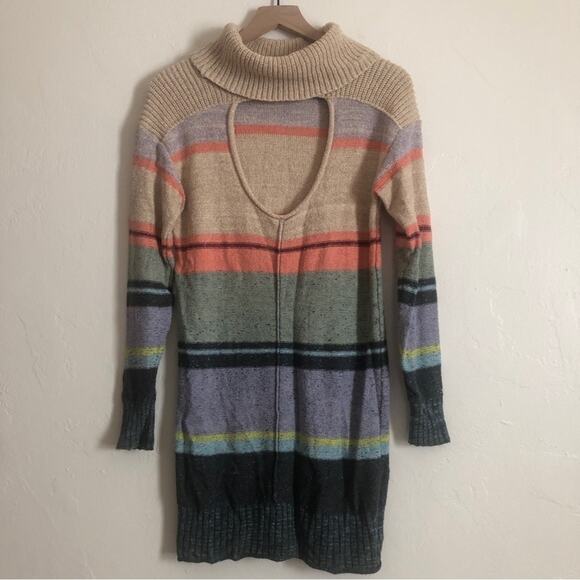 Anthropologie Daily Practice Striped Colorblock Turtleneck Keyhole Sweater Dress - Picture 7 of 8
